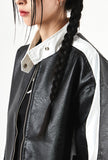 Neck snap button biker leather jacket