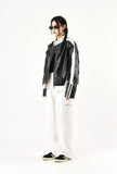 Neck snap button biker leather jacket