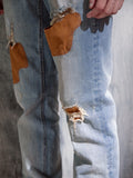 SUEDE PATCH DESTROYED DENIM PANTS