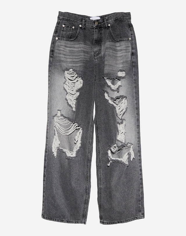 Raucohouse(ラウコハウス) - Gray brush destroyed wide denim pants 