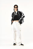 Neck snap button biker leather jacket