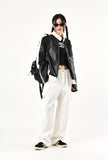 Neck snap button biker leather jacket