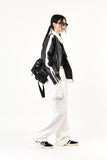 Neck snap button biker leather jacket