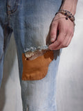 SUEDE PATCH DESTROYED DENIM PANTS