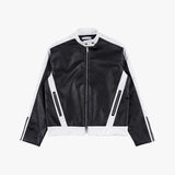 Neck snap button biker leather jacket
