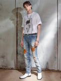 SUEDE PATCH DESTROYED DENIM PANTS