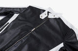 Neck snap button biker leather jacket