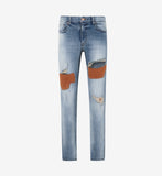 SUEDE PATCH DESTROYED DENIM PANTS