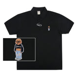 Cropped Dog Embroidery Striper Clip Pique Short Sleeve T-Shirt