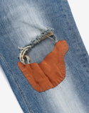 SUEDE PATCH DESTROYED DENIM PANTS