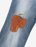 SUEDE PATCH DESTROYED DENIM PANTS