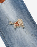 SUEDE PATCH DESTROYED DENIM PANTS