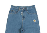Flower Smile Embroidery Wide Denim Pants